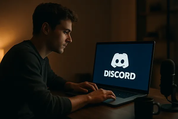 Jeune homme devant son ordinateur portable affichant le logo Discord, micro et tasse sur le bureau — communauté CLML Poker.
