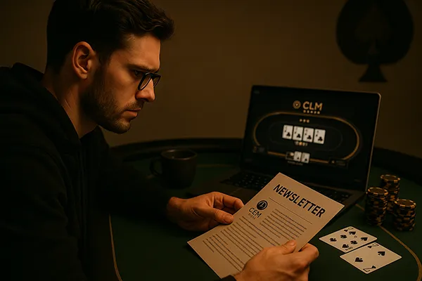 Homme lisant une newsletter CLML Poker à une table avec cartes et jetons, ordinateur portable affichant une table de poker en arrière-plan.