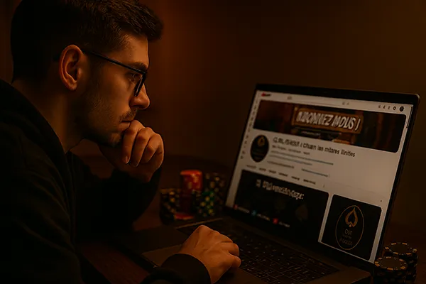 Joueur concentré consultant la chaîne YouTube CLML Poker sur son ordinateur portable, jetons de poker posés sur la table.