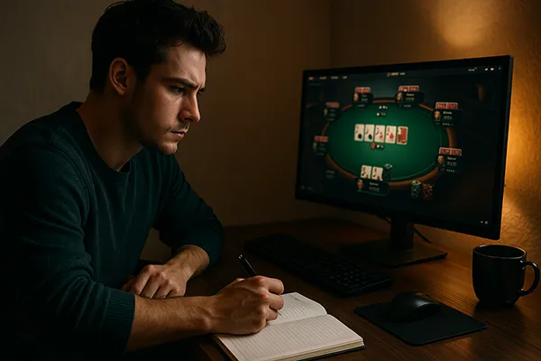 Joueur de poker en ligne prenant des notes dans un carnet devant son écran affichant une table de poker — apprentissage et stratégie avec CLML Poker.