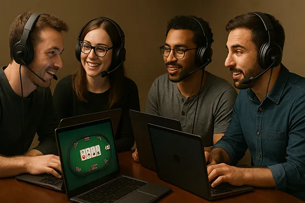 Quatre joueurs de poker en ligne avec casques-micro, souriants et échangeant ensemble sur leurs ordinateurs portables — communauté CLML Poker.