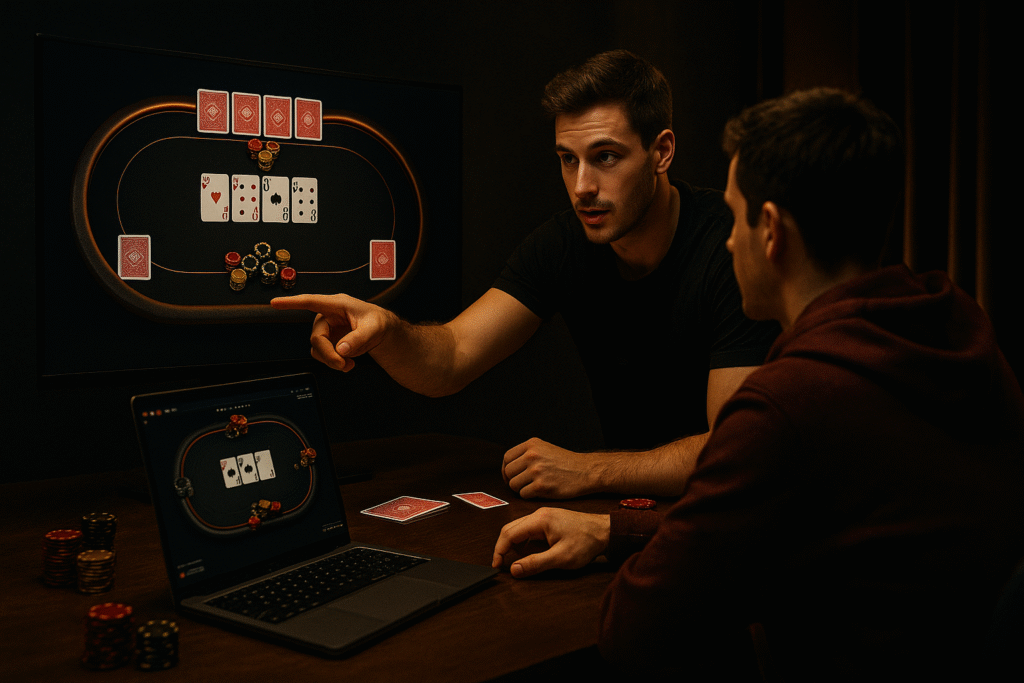 Coach de poker expliquant une main à un élève devant un écran affichant une table de poker — CLML Poker, coaching individuel pour progresser.