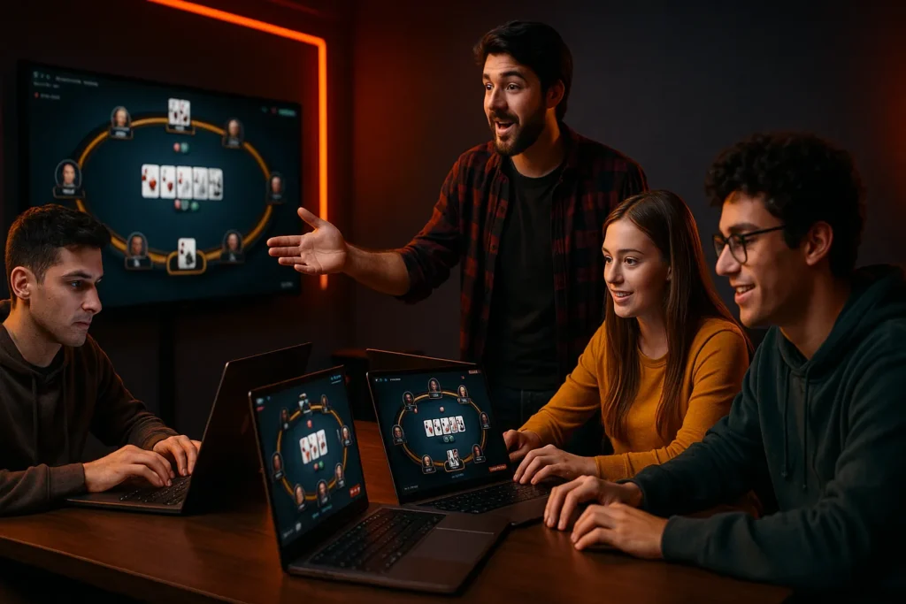 Formateur animant une session de poker en ligne avec trois élèves sur ordinateurs portables et un grand écran affichant une table de poker — CLML Poker, coaching collectif.