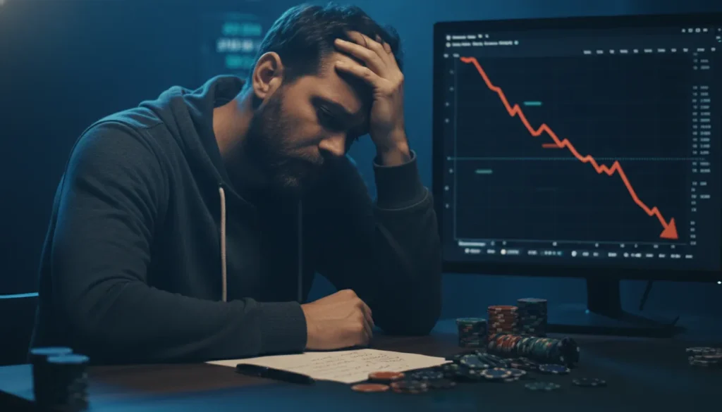 Joueur de poker assis devant son ordinateur affichant une courbe de pertes rouges, tête dans la main, ambiance bleutée — CLML Poker, gestion de variance et mental game.
