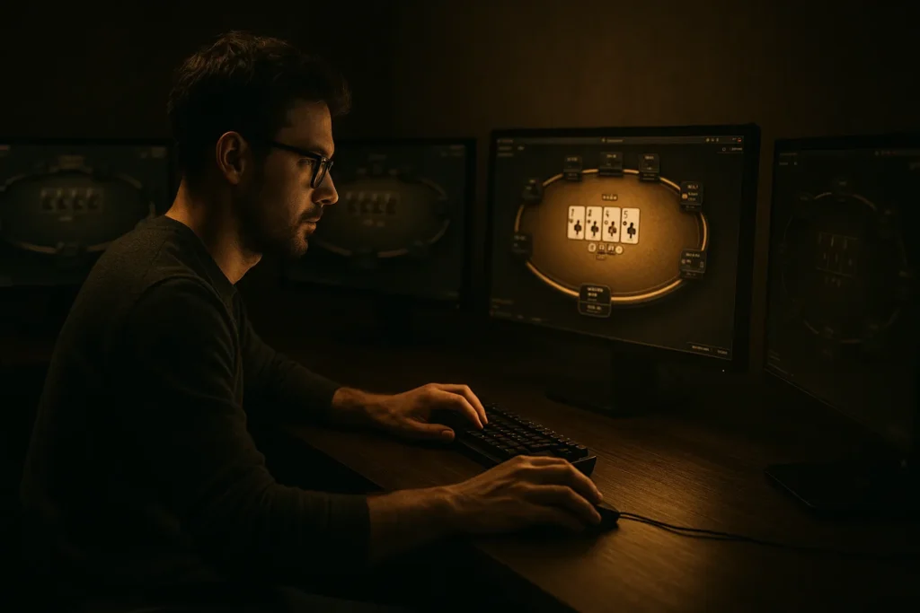 Joueur de poker en ligne concentré, prenant des notes devant son écran affichant une table de poker — CLML Poker, travail hors des tables pour progresser.
