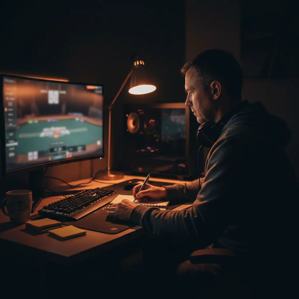 Joueur de poker en ligne concentré, prenant des notes devant son écran affichant une table de poker — CLML Poker, travail hors des tables pour progresser.