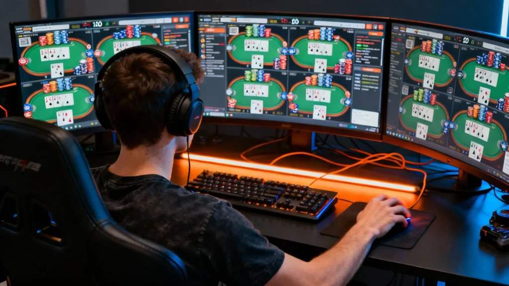 Joueur de poker en ligne concentré jouant sur plusieurs tables affichées sur trois écrans incurvés, ambiance moderne et éclairage LED — CLML Poker, grind multitable.