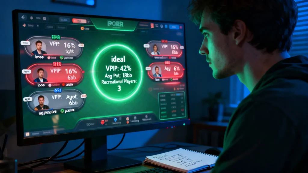 Joueur de poker en ligne analysant les statistiques HUD sur son écran, entouré de lumières vertes et bleues, carnet de notes à côté — CLML Poker, analyse stratégique et données.