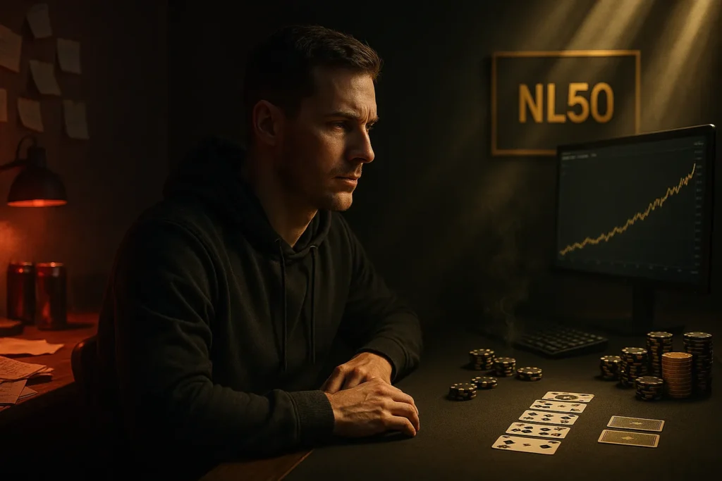 Joueur de poker concentré devant un écran affichant une courbe de gains ascendante, jetons et cartes sur la table, inscription NL50 en arrière-plan — CLML Poker, progression et réussite.