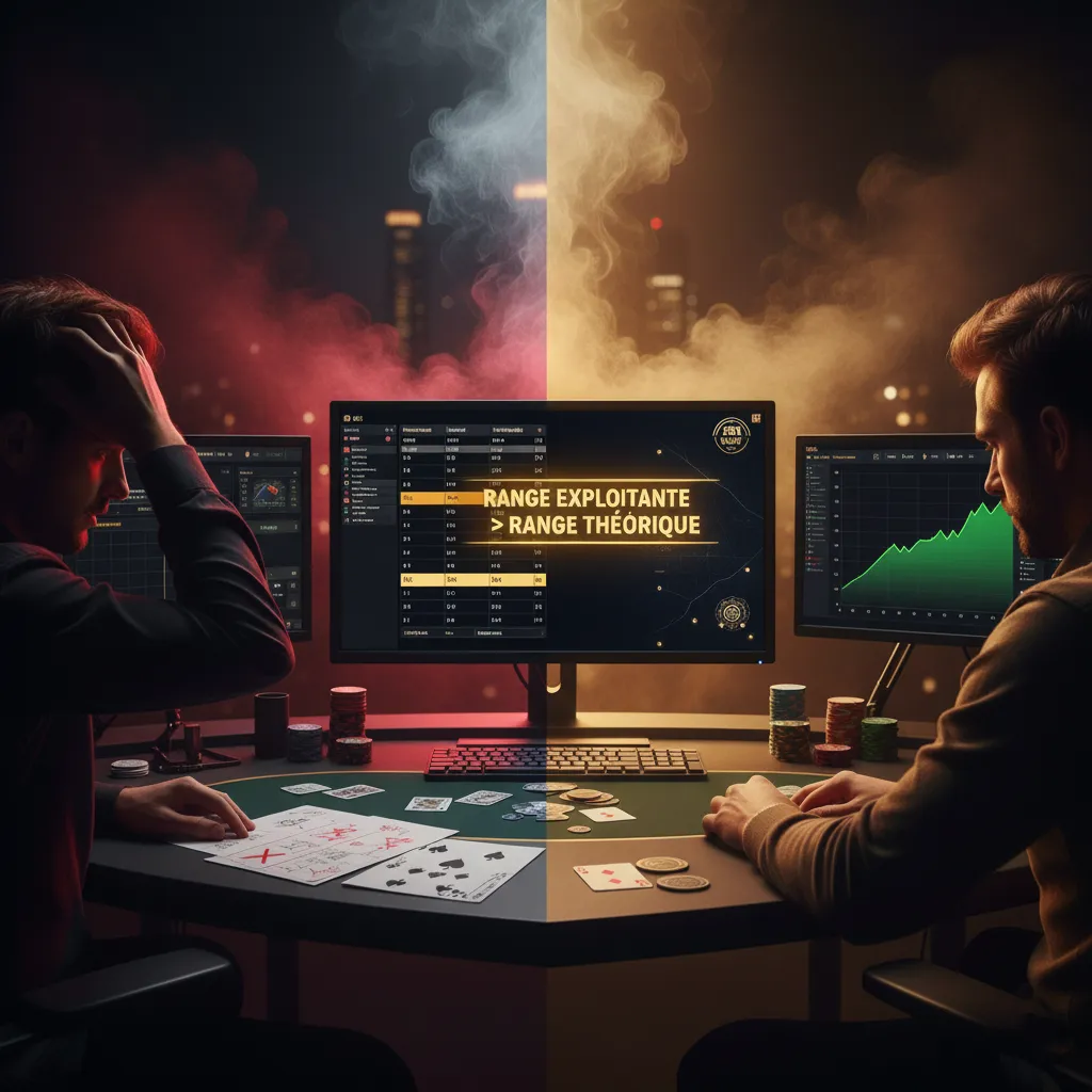 Image symbolique d’un joueur de poker partagé entre la confusion et la clarté, avec sur l’écran la phrase “Range exploitante > Range théorique” — CLML Poker, stratégie et progression.