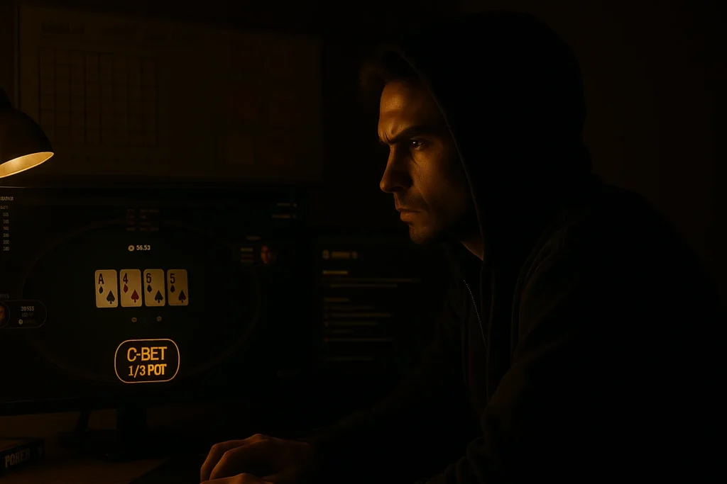 Joueur de poker concentré devant son écran affichant un flop et le bouton C-BET 1/3 POT, ambiance sombre et dorée — CLML Poker, stratégie et analyse.