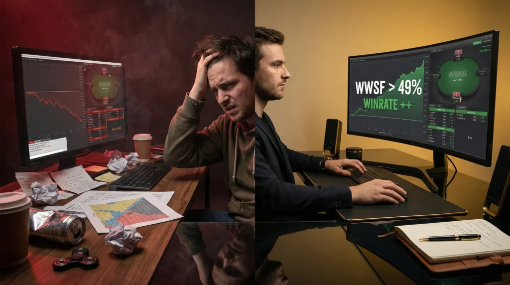 Comparaison visuelle entre un joueur de poker désordonné et en tilt à gauche, et le même joueur concentré et performant à droite, avec courbe de gains ascendante et mention WWSF > 49% — CLML Poker, progression et mental game.