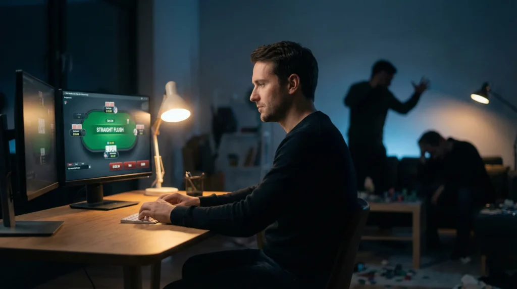 Joueur de poker en ligne concentré devant son écran, analysant une main de cash game pendant que des scènes de tilt apparaissent en arrière-plan