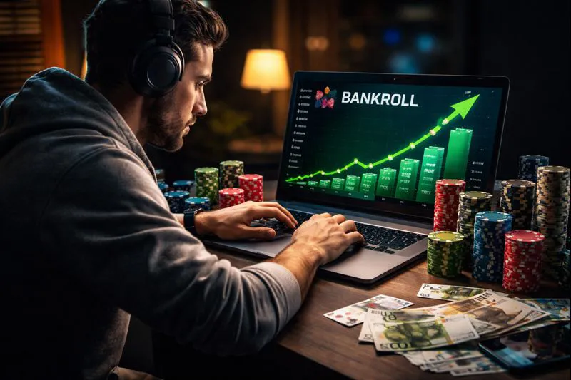 Gestion de bankroll poker : joueur de cash game analysant sa progression financière