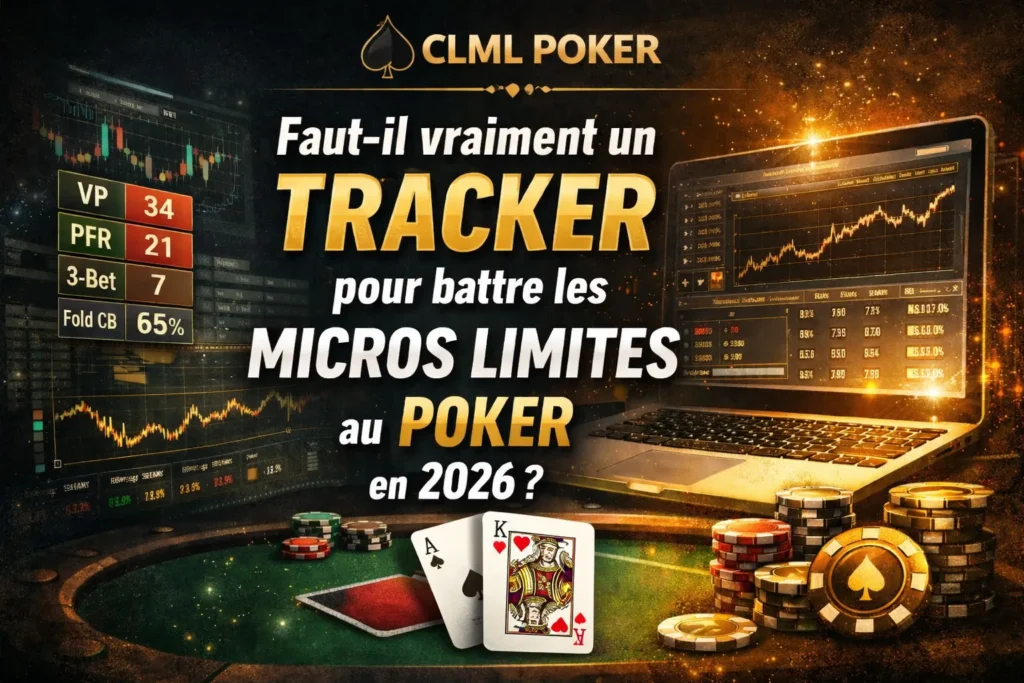 Illustration poker en ligne montrant des cartes réalistes, des jetons et un ordinateur avec statistiques de tracker, représentant l’analyse stratégique pour battre les micros limites au poker en 2026.